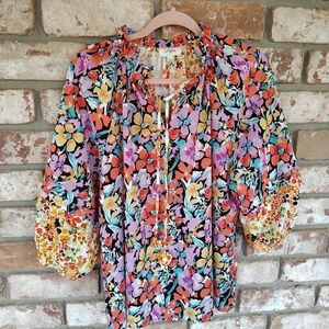 Umgee Colorful Floral Mixed Print Peasant Top Sz L Boho Festival Casual Travel